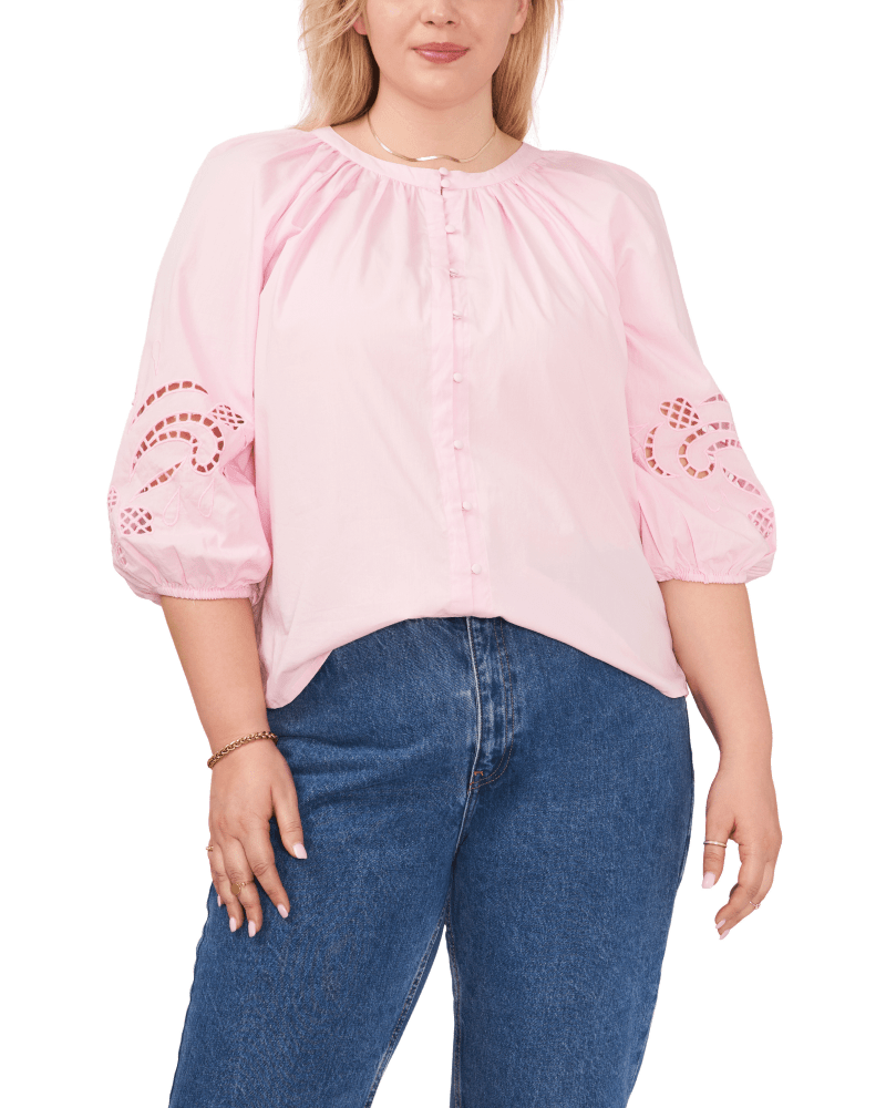 Front of a model wearing a size 1X Ellie Embroidered Poplin Shirt in PINK HORIZ by Vince Camuto. | dia_product_style_image_id:261211